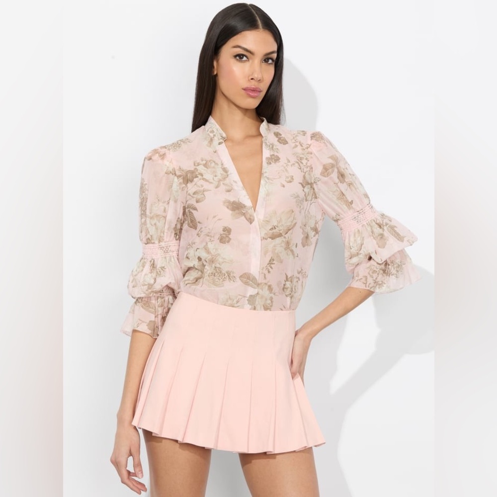 NWT $395 Alice + Olivia Ilan Floral Smocked Cotton-Silk Blouse
